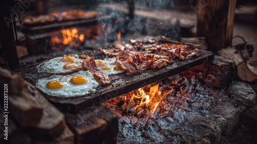 Traditional Cooking of Sunny Side Up Eggs and Bacon Over Fire