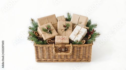 A wicker basket filled with wrapped gifts and evergreen branches on a white background
