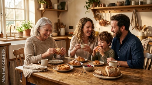 Multi-generational family eating breakfast together in warm kitchen.