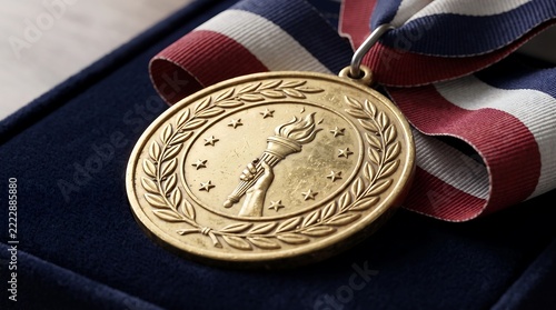 Golden Achievement Award Medal with Patriotic Ribbon Resting in a Classic Navy Blue Presentation Case for Recognition and Success