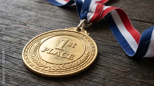 Golden first place winner medal with patriotic ribbon on a rustic dark wood background representing success and achievement in competition
