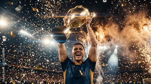 Professional athlete celebrating major victory holding a golden trophy cup high in a crowded stadium with confetti and bright spotlights