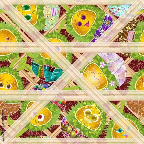 Modern 3D style golden durian seamless pattern with intersecting bamboo grid lines and Thai ornamental motifs, creative tropical fruit vector illustration for packaging
