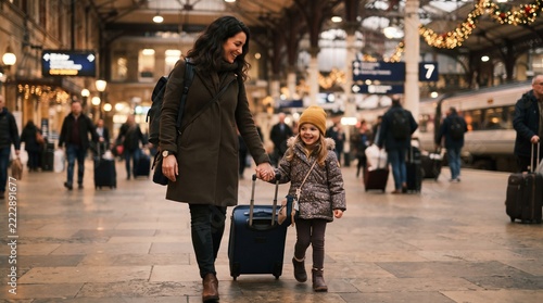 Mother holding daughters hand while walking through train station
