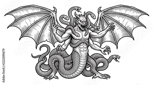 Mythological Demon Creature with Multiple Arms and Wings in a Classic Woodcut Engraving Style