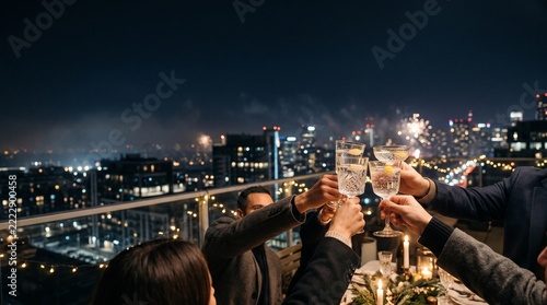 Friends Toasting During a Midnight Celebration on a City Rooftop