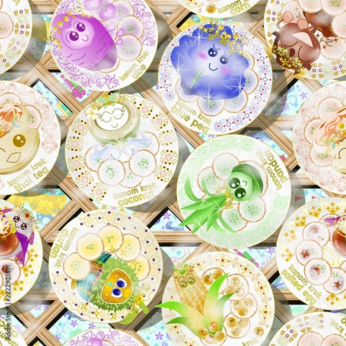 Kawaii Khanom Krok Thai dessert seamless pattern vector. Cute coconut pancakes on ceramic plates and bamboo tray with ube, durian, and pandan flavours.