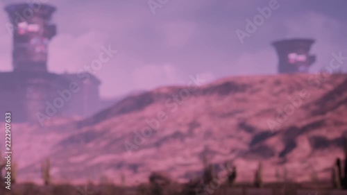 Silhouettes dot the foreground as they wander through a rugged terrain defined by hills and structures.