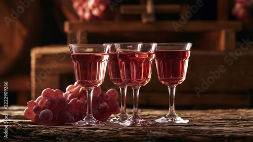 vineyard. Wine glasses and grapes rest on rustic wood, illuminated warmly with detailed liquid refraction. menu design.