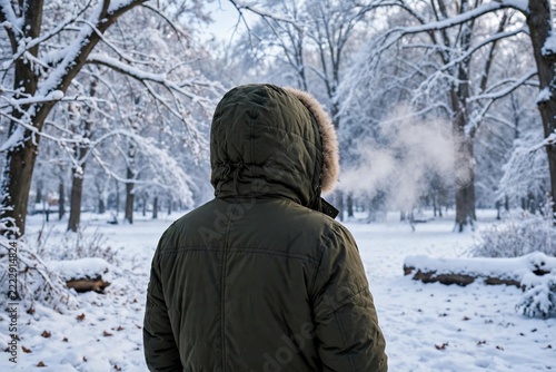 Person in winter coat from behind with visible breath vapor in freezing air