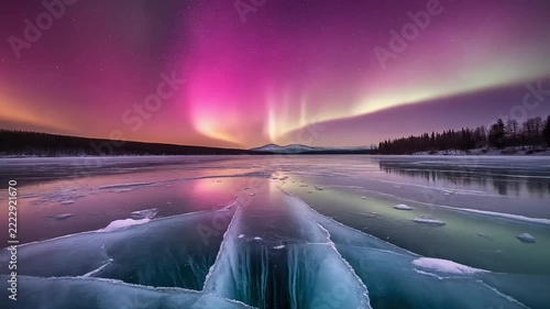 Vivid Pink Aurora Borealis Glowing Above A Cracked Frozen Lake In The Arctic Wilderness 4K Generative AI