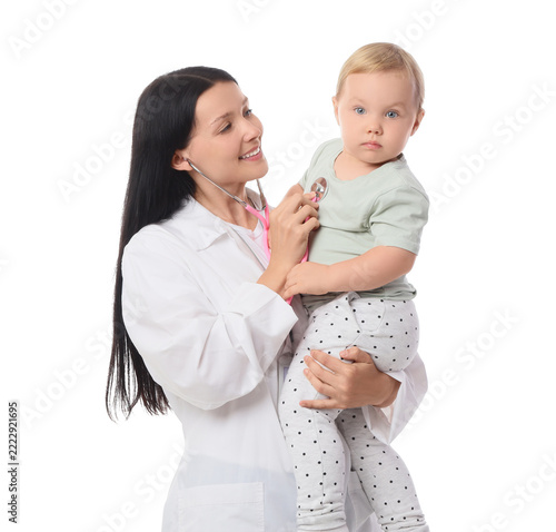 Pediatric healthcare and child wellness, female doctor using stethoscope to e...