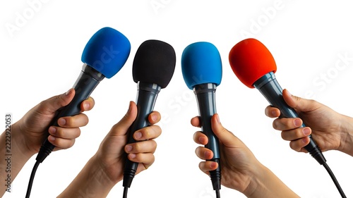 Multiple Hands Holding Colorful Microphones During A Press Interview