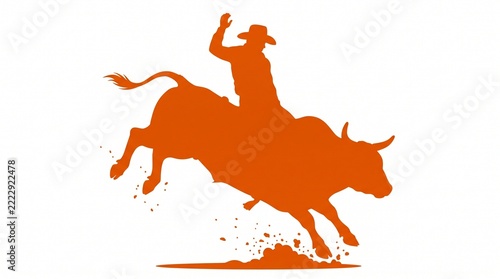 Orange silhouette of a cowboy riding a bucking bull at a professional
