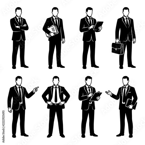 Businessman in suit silhouettes in different poses vector set