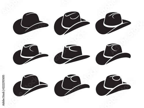 Multiple western cowboy hat silhouette icons for ranch branding and country style visual designs.