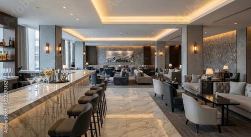 A luxurious hotel bar and lounge area is illuminated by warm, linear lighting.