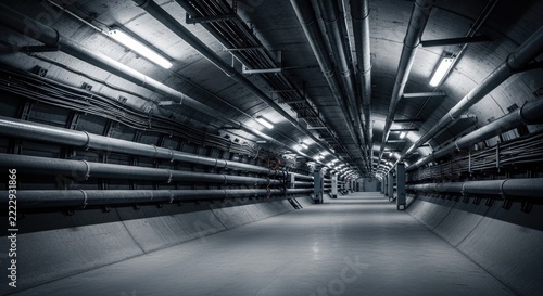 Bright fluorescent lights illuminate a long, concrete tunnel. Numerous pipes run along the ceiling and walls, creating a complex network.