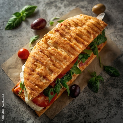 Gourmet Panini Delight: A perfectly grilled panini, overflowing with fresh ingredients like ripe tomatoes, crisp greens, and creamy cheese, is artfully arranged on a rustic surface.