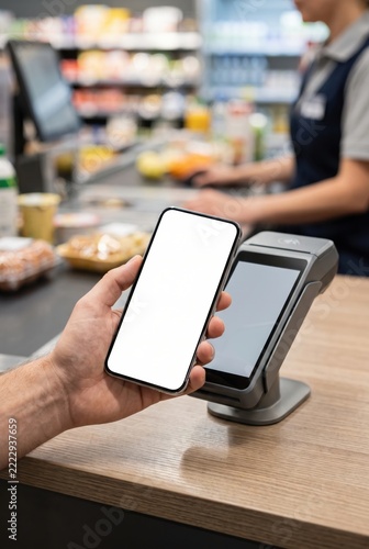 Customer holding smartphone with blank white screen mockup over contactless payment terminal at supermarket checkout counter for mobile banking app.