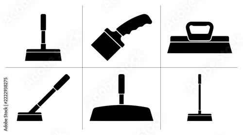 Cleaning tools silhouettes set with dustpan, broom and scraper for household chores and tidiness logo