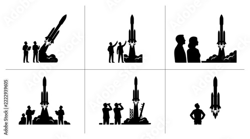 Rocket launch silhouettes set with people observing, space exploration and mission control for logo or signage