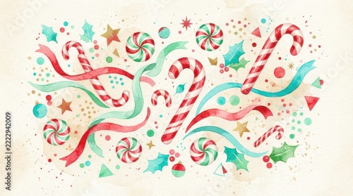 Festive Candy Canes, Holly Leaves, and Decorative Confetti for Holiday Celebration