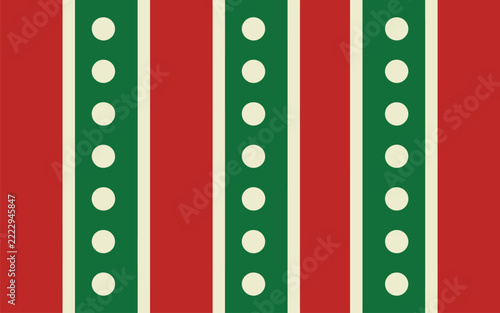 Christmas pattern with vertical red and green stripes, cream colored dots, and thin separator lines background