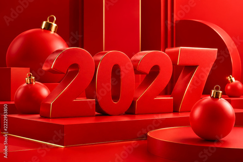 Minimalist red 2027 large numbers displayed with festive christmas ornaments on podium setting.