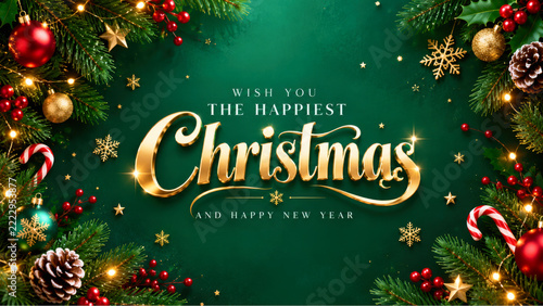 Christmas festive background with gold typography and realistic pine branches ornaments decor.