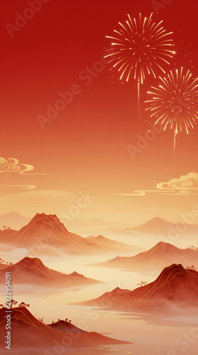 Elegant Chinese-Style Mountain Landscape at Sunset with Golden Fireworks, Premium Holiday Greeting Card or Banner Design with Copy Space
