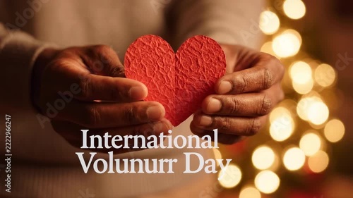 Close-up of hands holding a red textured heart with 'International Volunurr Day' text and blurred warm lights in the background, symbolizing love and giving.
