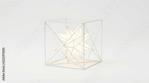 Geometric star cube sculpture innovation and discoveries meet protection in delicate white frame surrounding softly glowing form