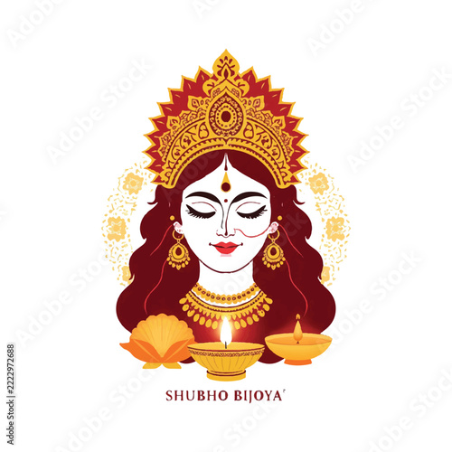 Shubho Bijoya greeting with Durga face, lotus and alpona pattern