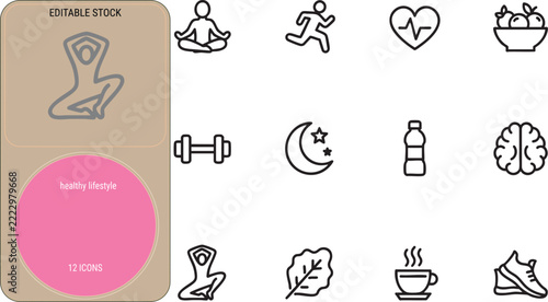 Twelve black linear icons representing healthy habits and wellness on a white background with a tan sidebar and a pink yoga silhouette.