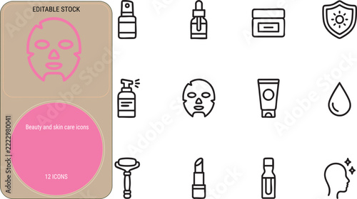 Twelve black vector icons related to beauty treatments and skin care products on a white background next to a tan sidebar with pink masks.