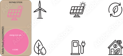 A set of six black line energy icons featuring a wind turbine and solar panels displayed on a white background next to a decorative pink sidebar.