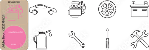 A collection of eight black line transportation and maintenance icons including a car and repair tools is displayed on a white background with a pink sidebar.