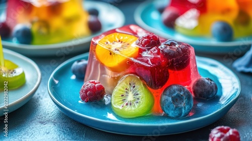 Colorful fruit jelly dessert on blue plate, with kiwi, raspberries, blueberries, and other fruits
