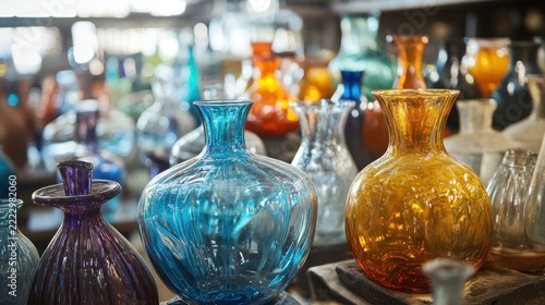 Colorful glass vases in a workshop, artisan display