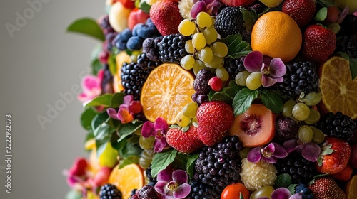 Colorful fruit arrangement, close-up,  gray background, vibrant display
