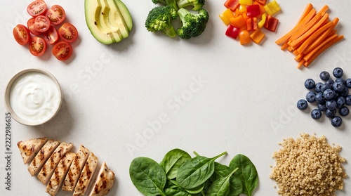 Vibrant assortment of fresh, healthy ingredients vegetables, fruits, protein, grains, and yogurt, arranged on white, promoting balanced nutrition and healthy meals