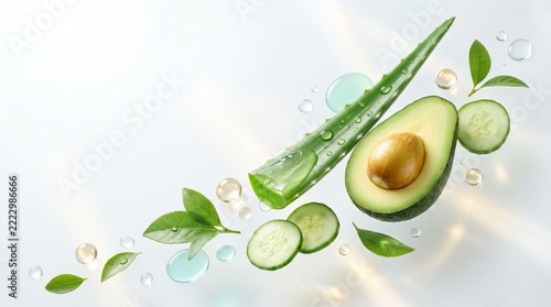 Natural organic skincare ingredients background with aloe vera, avocado, cucumber slices, tea leaves and hydration drops for cosmetics promotion