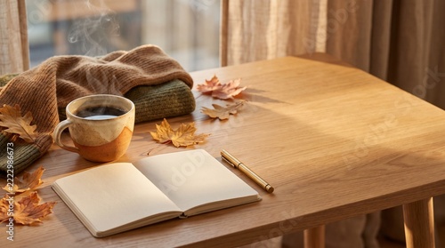 Cozy autumn morning with steaming coffee, open notebook and fallen leaves on wooden table
