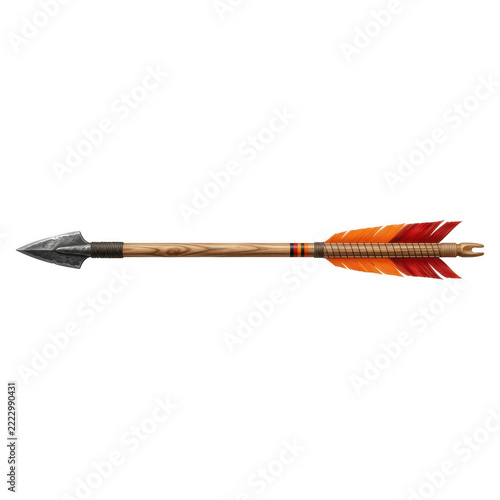 Traditional wooden hunting arrow with stone arrowhead and colorful feathers isolated on white background