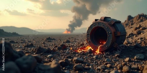 Twisted metal, charred earth, toxic spill in a desolate field, spill, explosion, charred