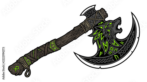 Illustrative Viking Battle Axe with Wolf Head Design