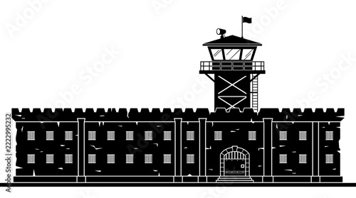 Silhouette of a Prison Building with Guard Tower.