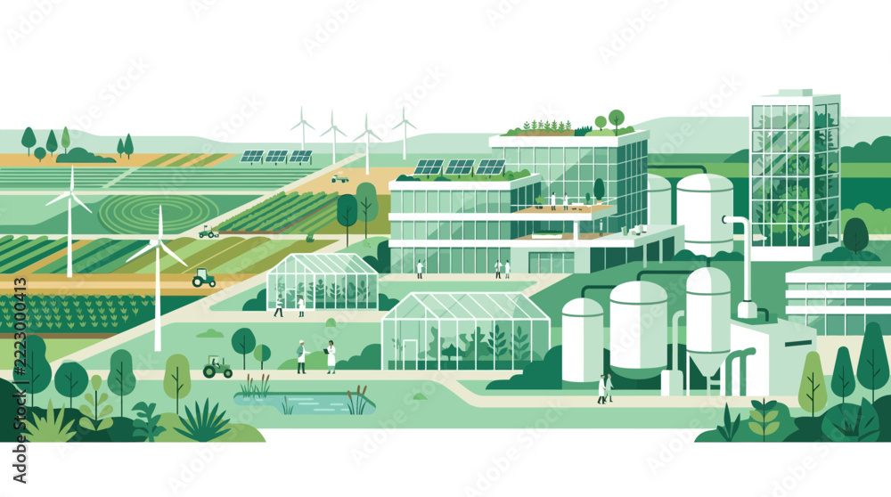 Fototapeta premium Illustrated industrial facility surrounded by agricultural fields and greenery.