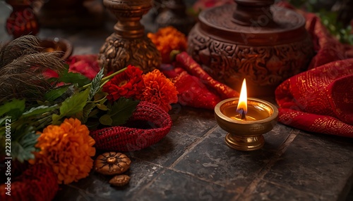 A golden diya lamp with a lit wick rests amongst marigolds fabrics and ornate vessels in a cultural still life